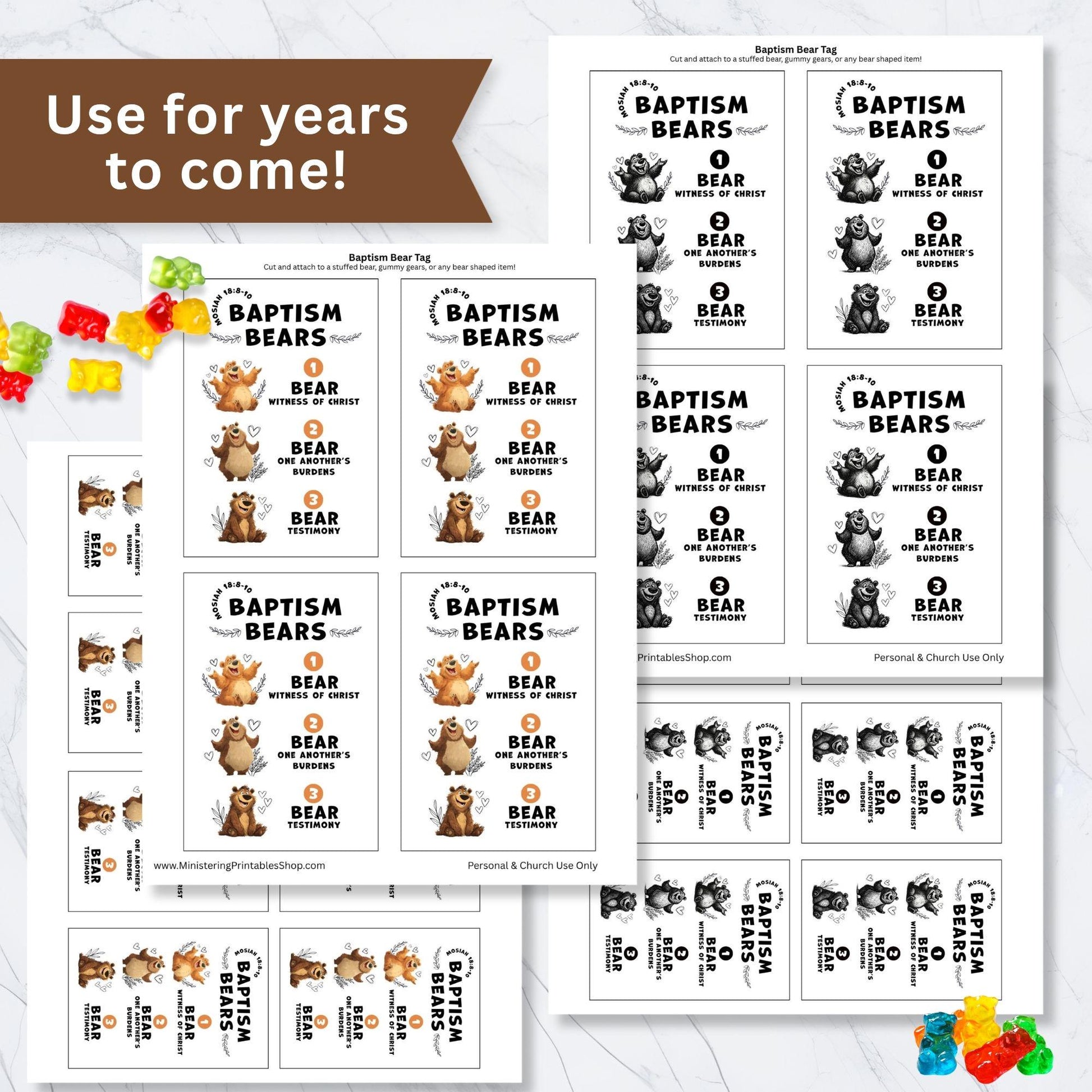 Printable LDS Baptism Bears gift tag bundle with color and black-and-white options, reusable baptism handout for ministering and Primary