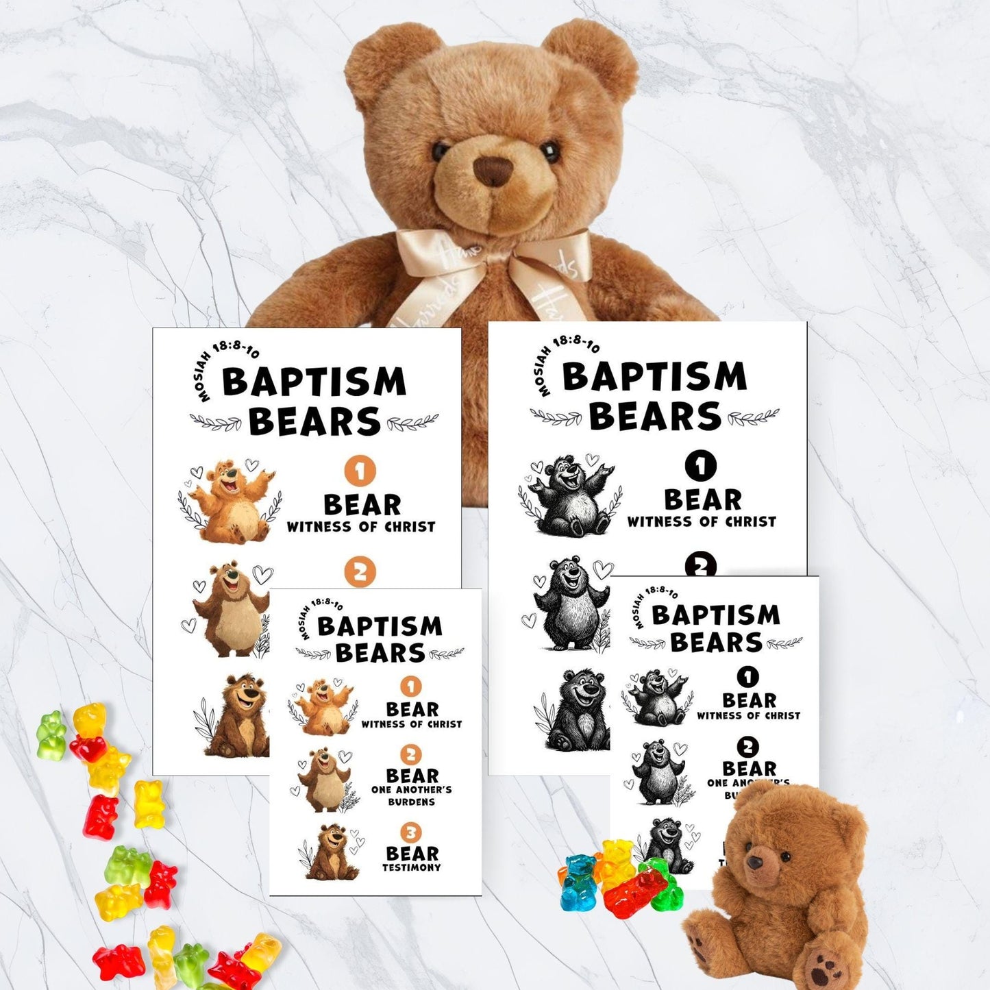 LDS Baptism Bears printable tags displayed with teddy bears and gummy bear treats, Mosiah 18:8-10 baptism gift idea for Primary children