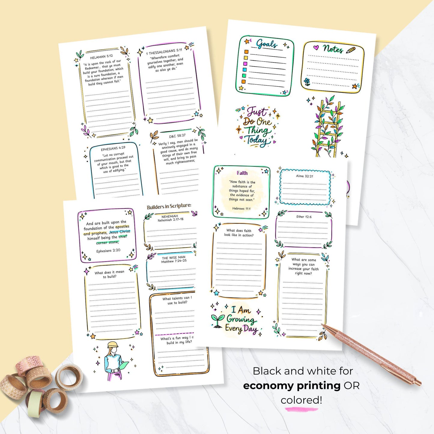 Builder of Faith LDS printable workbook pages with colorful and black and white options for easy printing and engaging youth lessons