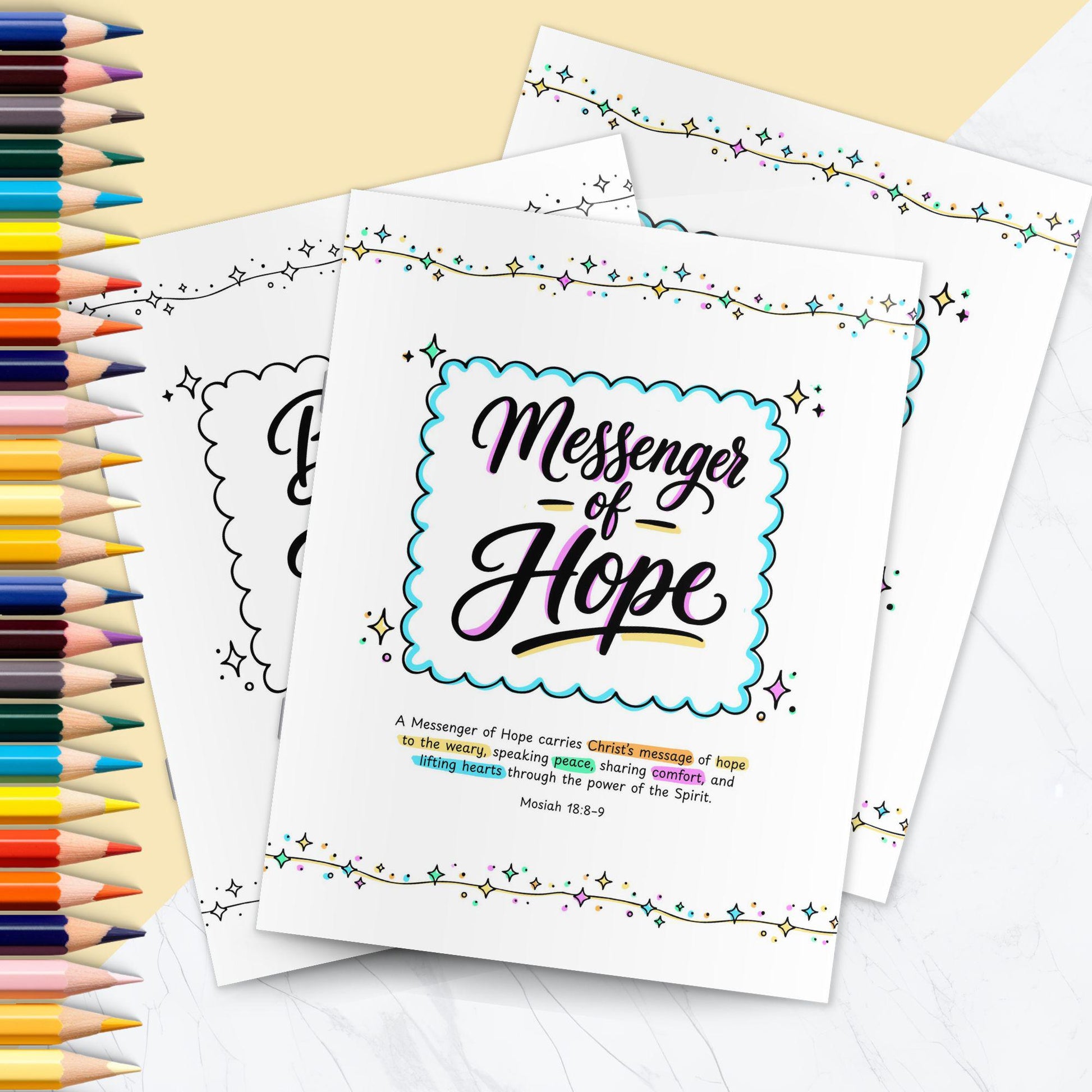 Messenger of Hope LDS printable cover with colorful lettering and scripture quote, surrounded by colored pencils for creative study