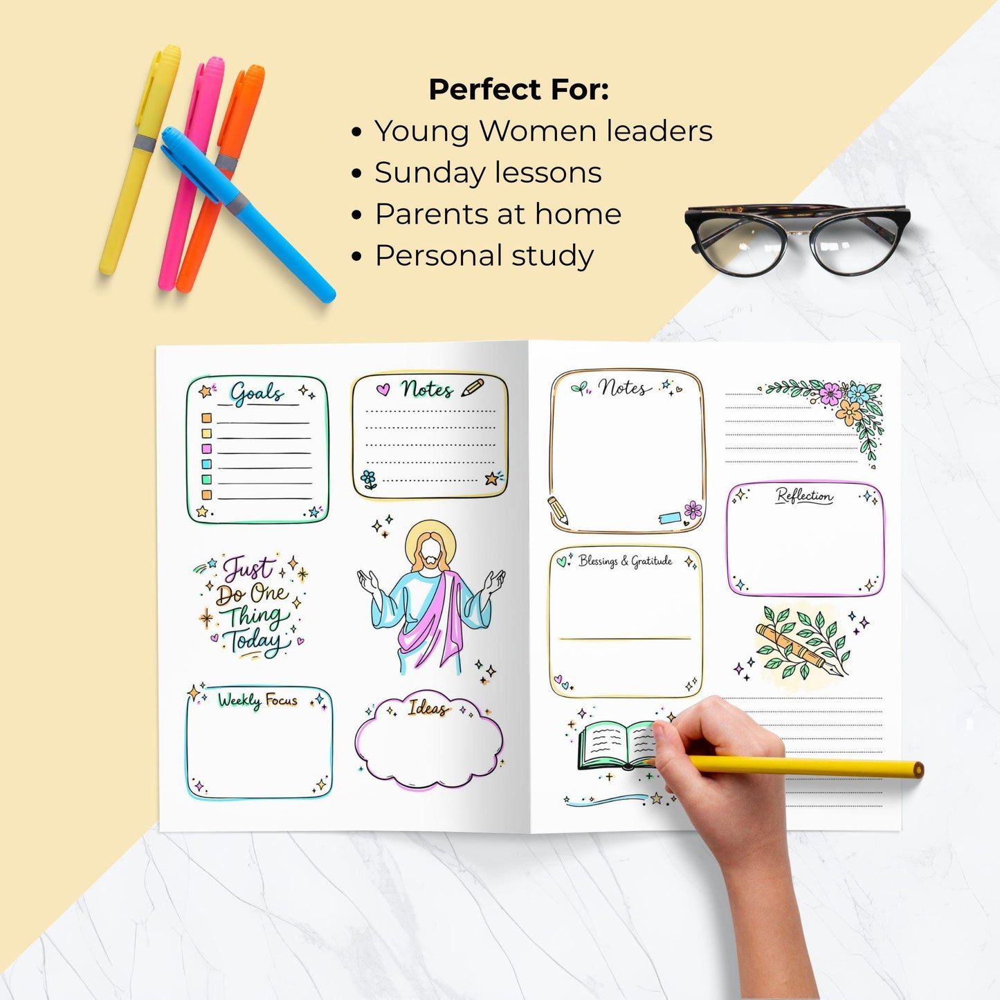 LDS Young Women doodle workbook open spread with goals, notes, and reflection pages perfect for Sunday lessons and personal study