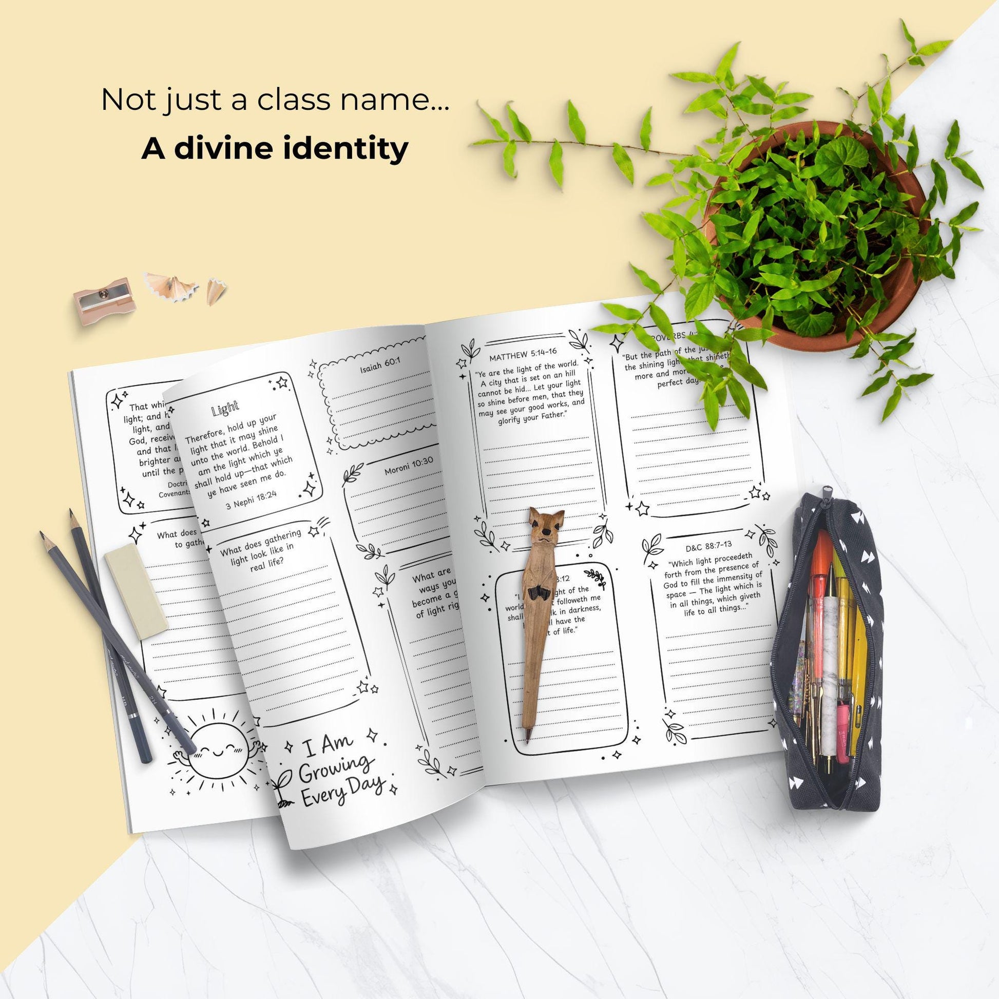 LDS printable workbook pages emphasizing divine identity with scripture study prompts, journaling space, and doodle elements