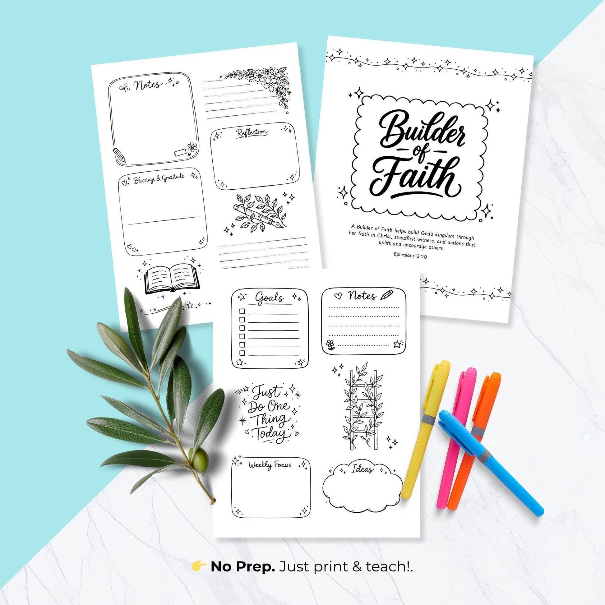 LDS Builder of Faith printable workbook pages spread showing scripture prompts, journaling, and lesson activities for Young Women