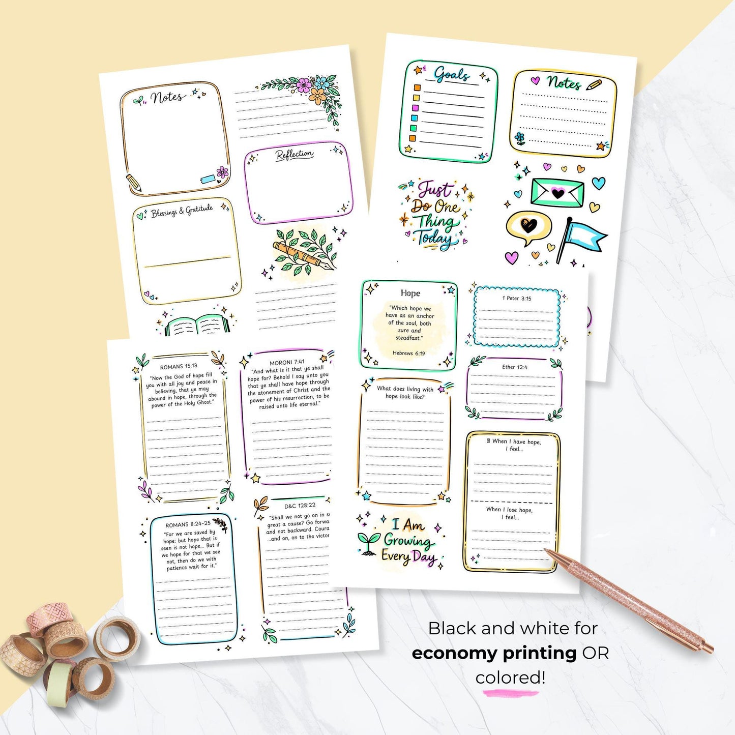 Messenger of Hope printable workbook color and black white versions, LDS Young Women lesson, economical printing option, teen girls church activity pages, scripture study journal printable