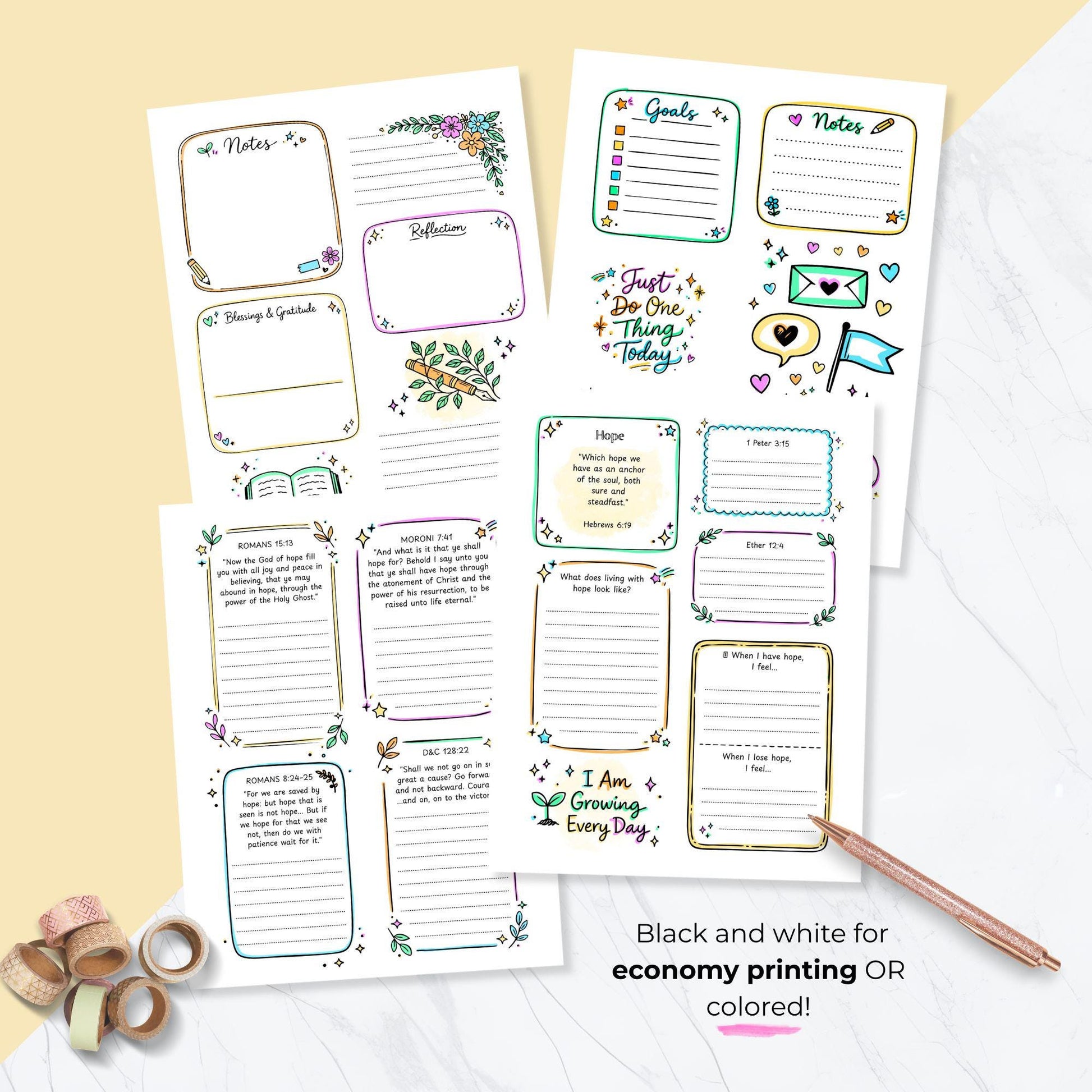 Messenger of Hope printable workbook color and black white versions, LDS Young Women lesson, economical printing option, teen girls church activity pages, scripture study journal printable