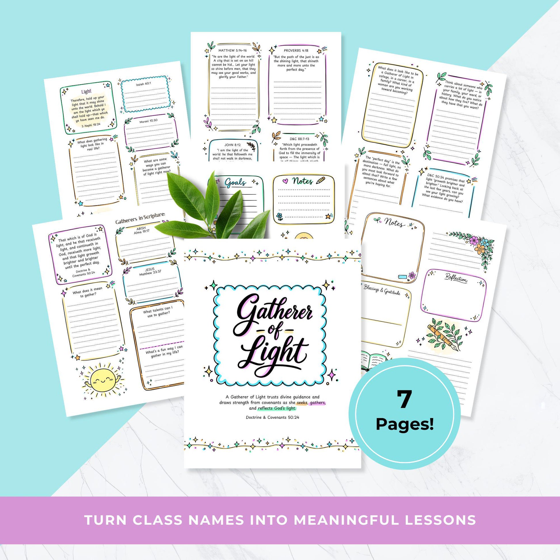 Gatherer of Light LDS printable workbook pages, Young Women class name study guide, scripture journaling prompts, teen girls church activity, Come Follow Me youth printable, 7 engaging lesson worksheets