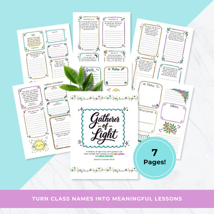 Gatherer of Light LDS printable workbook pages, Young Women class name study guide, scripture journaling prompts, teen girls church activity, Come Follow Me youth printable, 7 engaging lesson worksheets