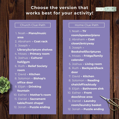 Church and home clue path guide for LDS Old Testament scavenger hunt with 12 Bible heroes and printable activity cards