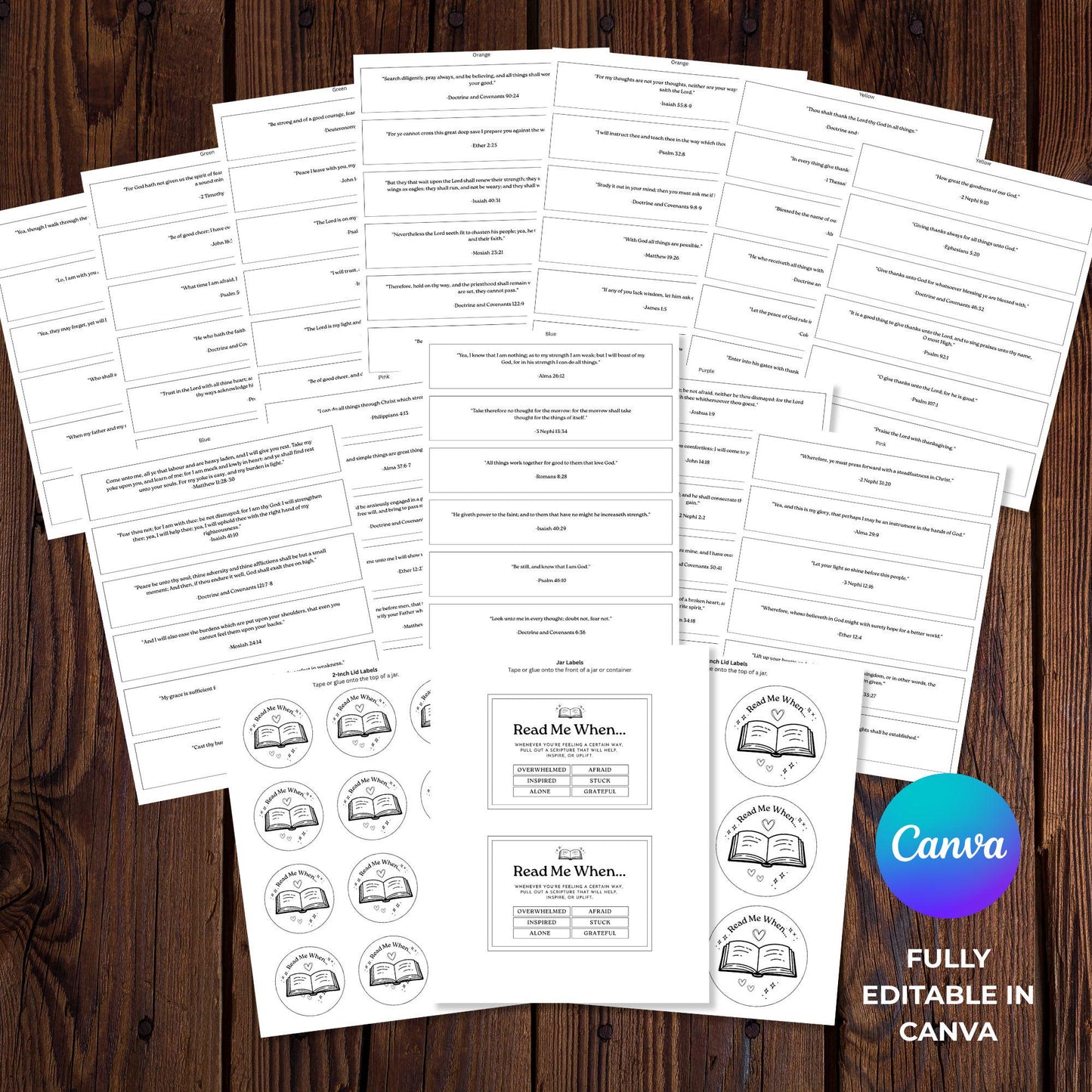 Black and white printable Read Me When scripture jar pages with editable Canva cards and labels for LDS youth and Primary activities