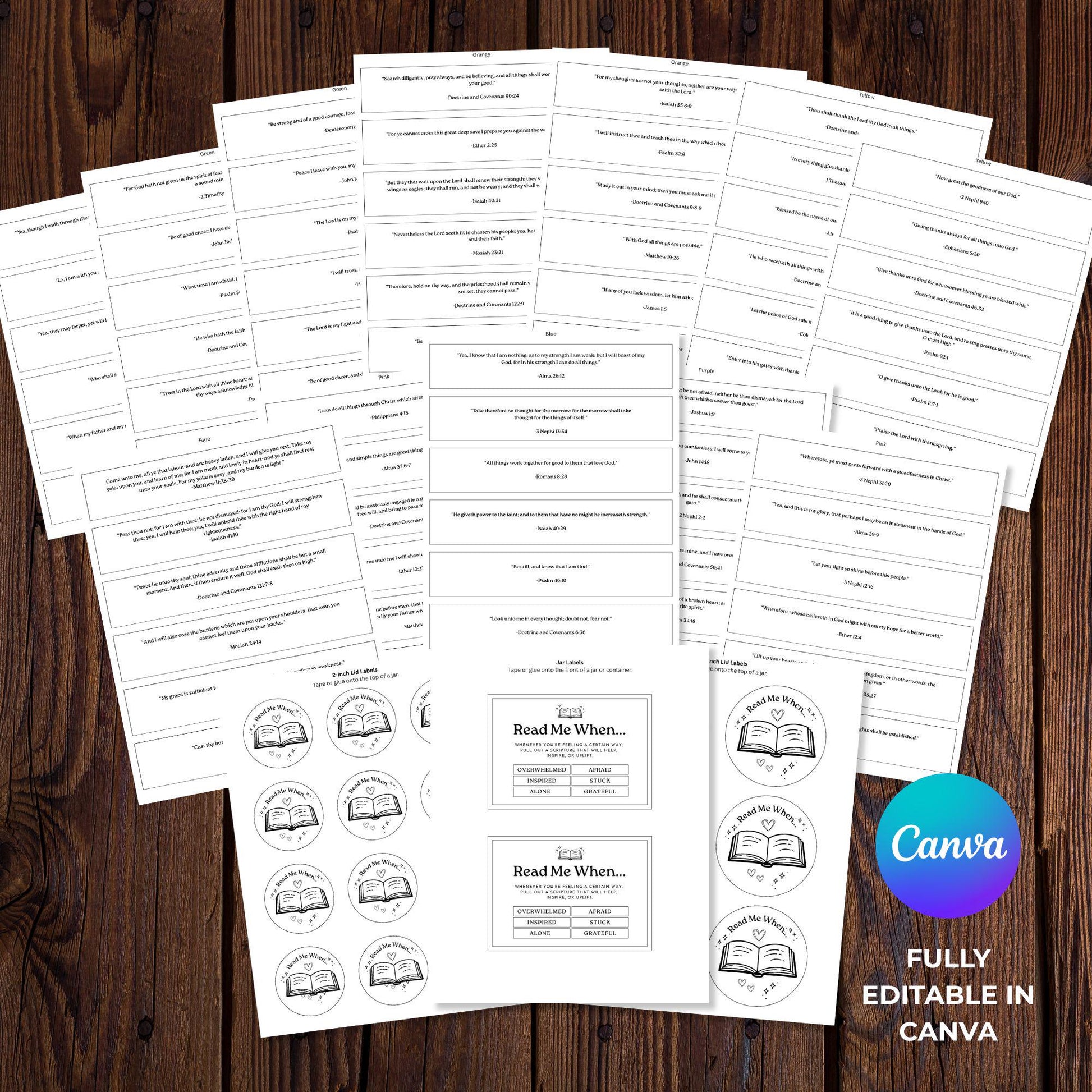 Black and white printable Read Me When scripture jar pages with editable Canva cards and labels for LDS youth and Primary activities