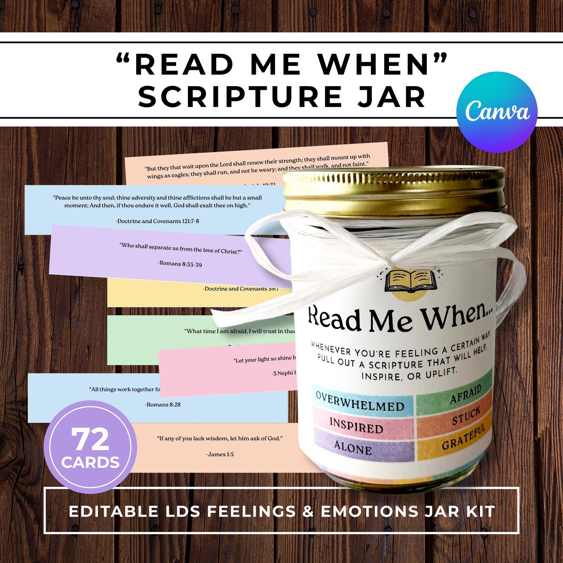 Read Me When scripture jar printable kit with colorful LDS feelings cards, mason jar label, and 72 editable Canva cards for Primary girls and youth