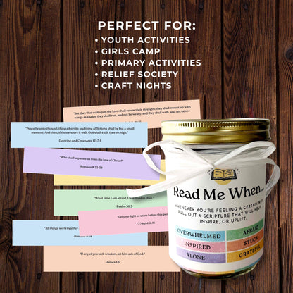 Read Me When scripture jar activity for youth activities, girls camp, Primary, Relief Society, and LDS craft nights