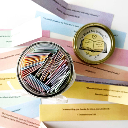 Open mason jar filled with colorful Read Me When scripture strips and printable lid label for LDS feelings and emotions activity