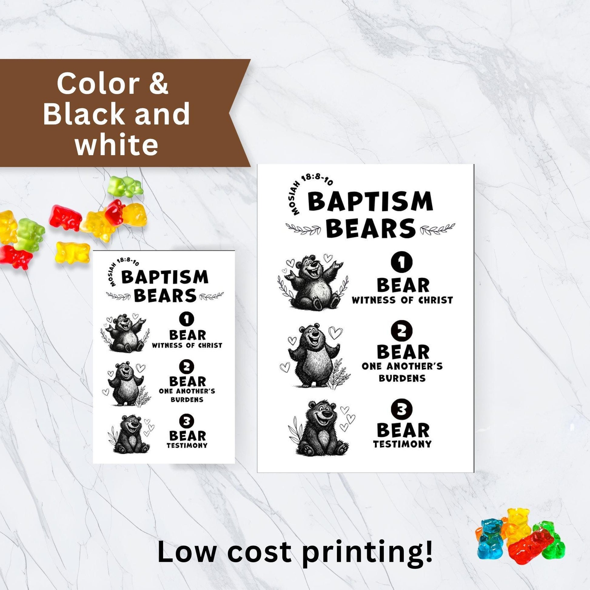Black and white Baptism Bears printable tags for low cost printing, LDS baptism favor inspired by Mosiah 18:8-10