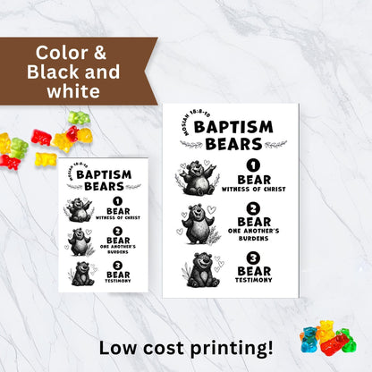 Black and white Baptism Bears printable tags for low cost printing, LDS baptism favor inspired by Mosiah 18:8-10