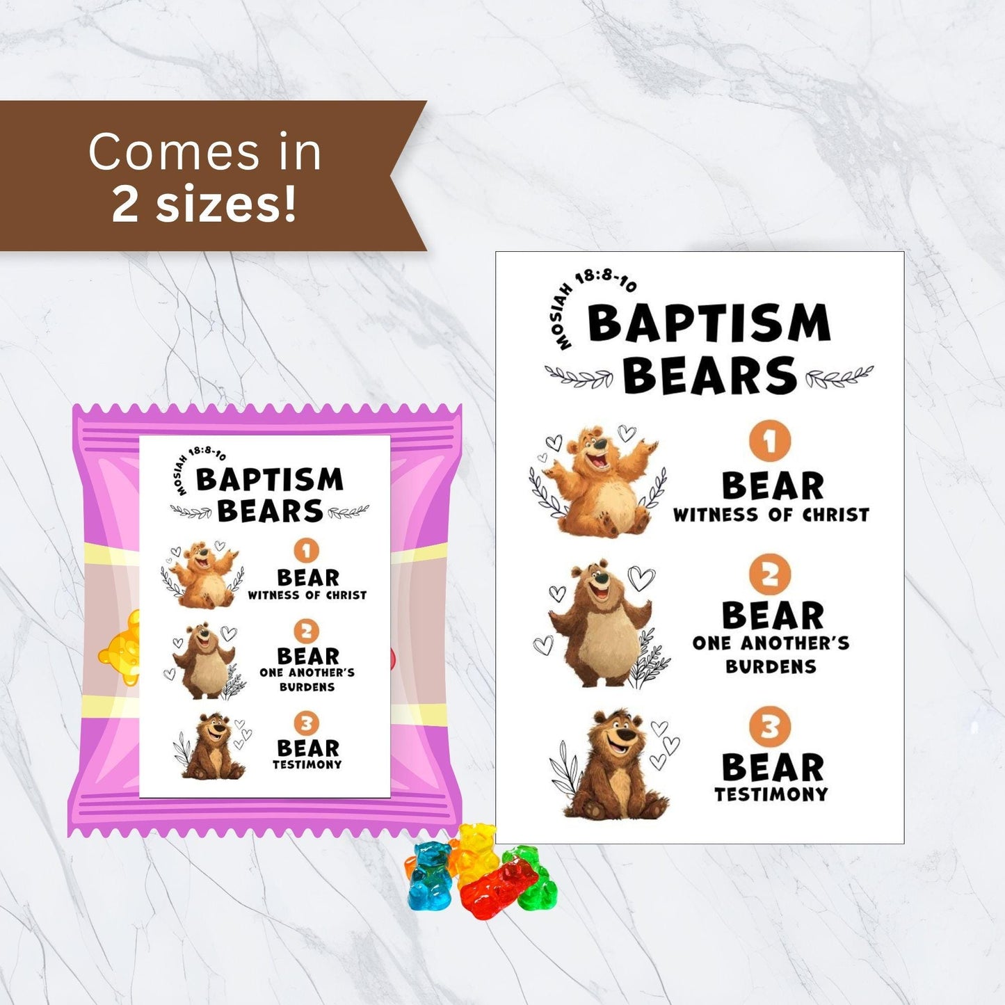 Baptism Bears printable tag comes in two sizes, LDS baptism favor tags for gummy bears, stuffed bears, and church handouts