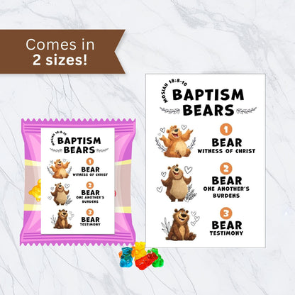 Baptism Bears printable tag comes in two sizes, LDS baptism favor tags for gummy bears, stuffed bears, and church handouts
