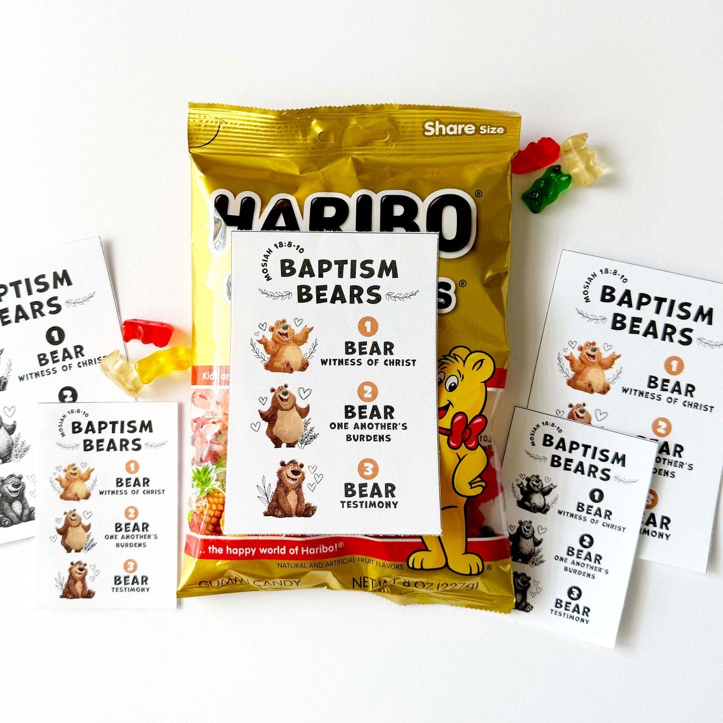 Baptism Bears printable tag attached to Haribo gummy bears, cute LDS baptism gift idea for children, youth, and Primary classes