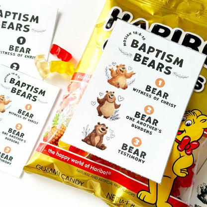 LDS baptism gummy bear favor with Baptism Bears printable tag, Christian baptism treat inspired by Mosiah 18:8-10