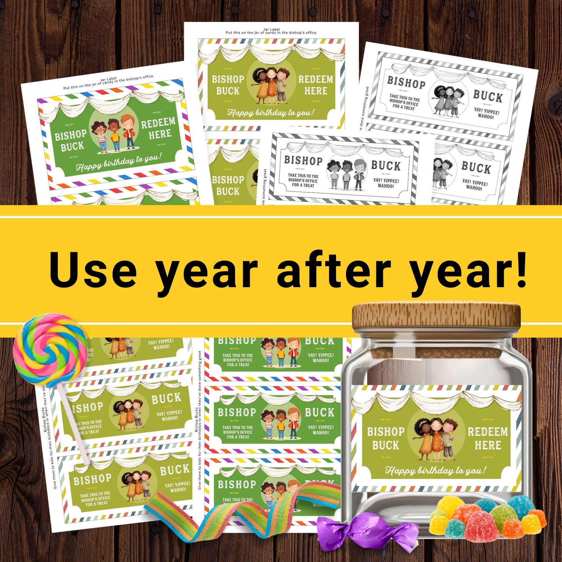 Reusable Bishop Bucks printable reward kit for LDS church Primary, birthday coupons and bishop office candy jar labels for kids