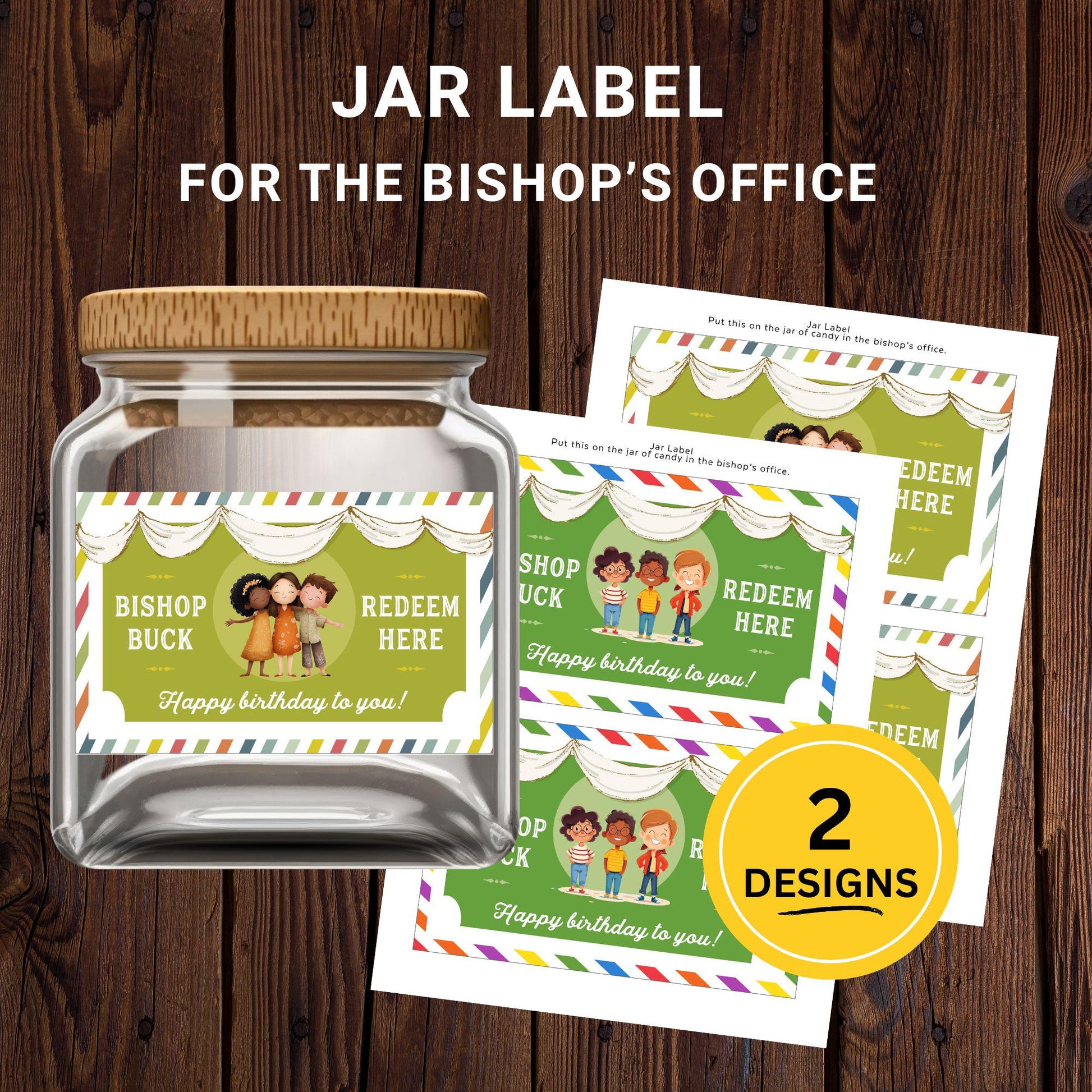 LDS Bishop Buck printable jar label for bishop’s office candy jar, Primary birthday reward system with redeemable treat tickets