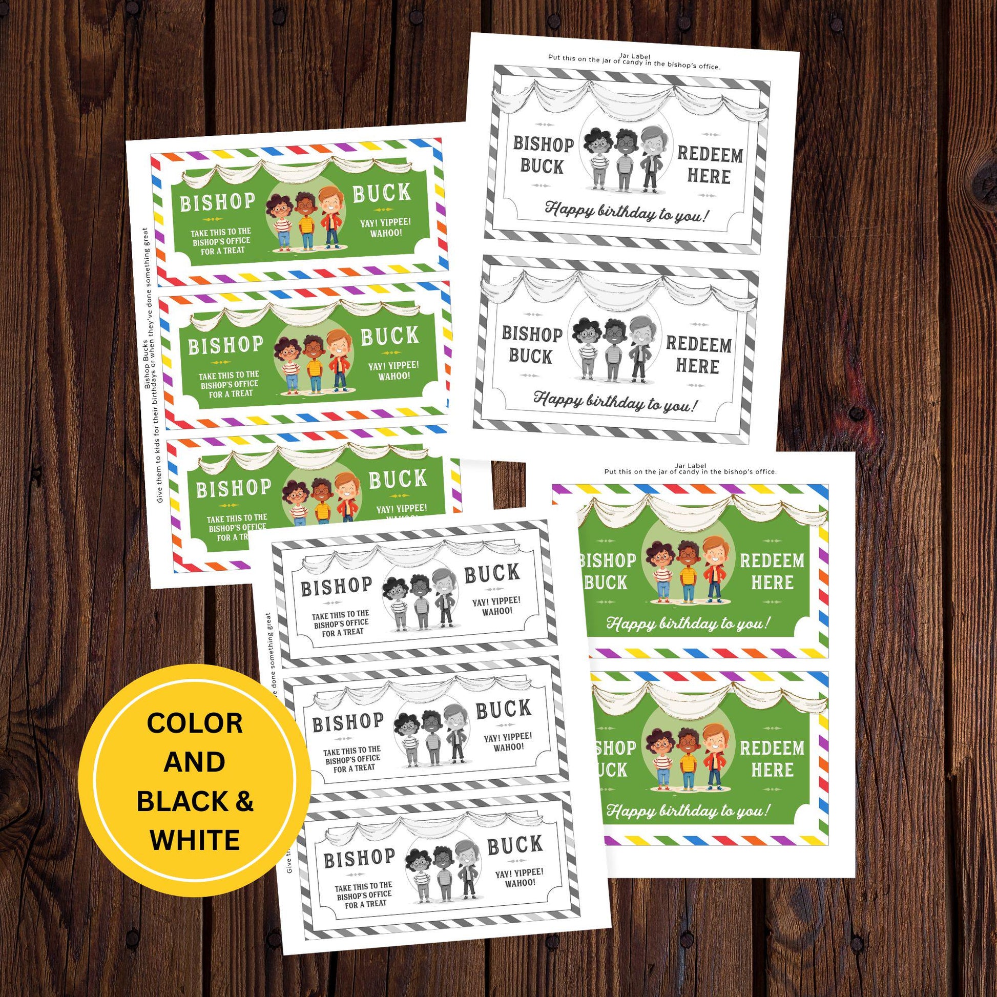 LDS Bishop Buck printable birthday reward cards with color and black-and-white options, bishop office treat tickets for children and Primary classes