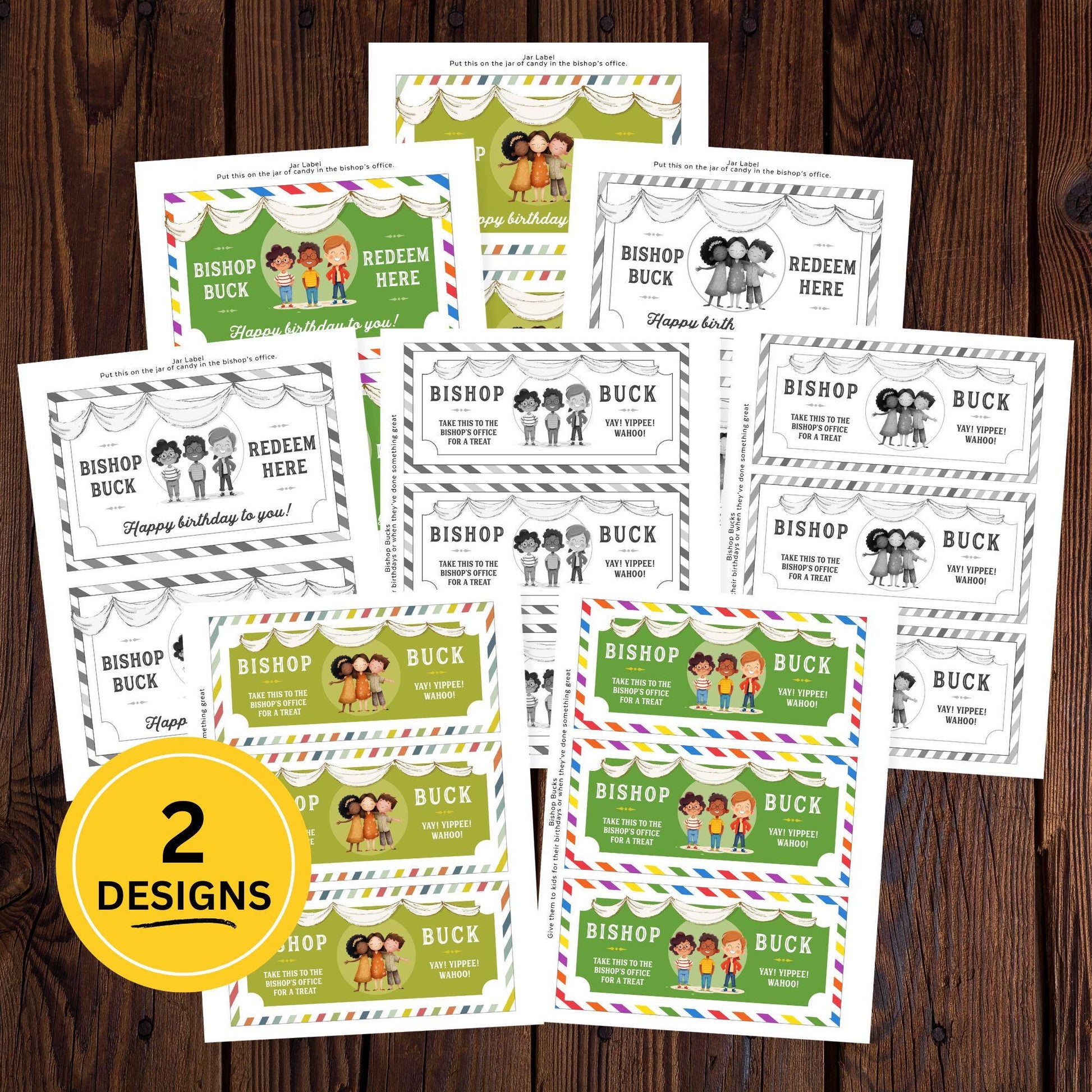 Printable Bishop Buck reward tickets with color and black-and-white designs, LDS bishop office treat coupons for Primary children