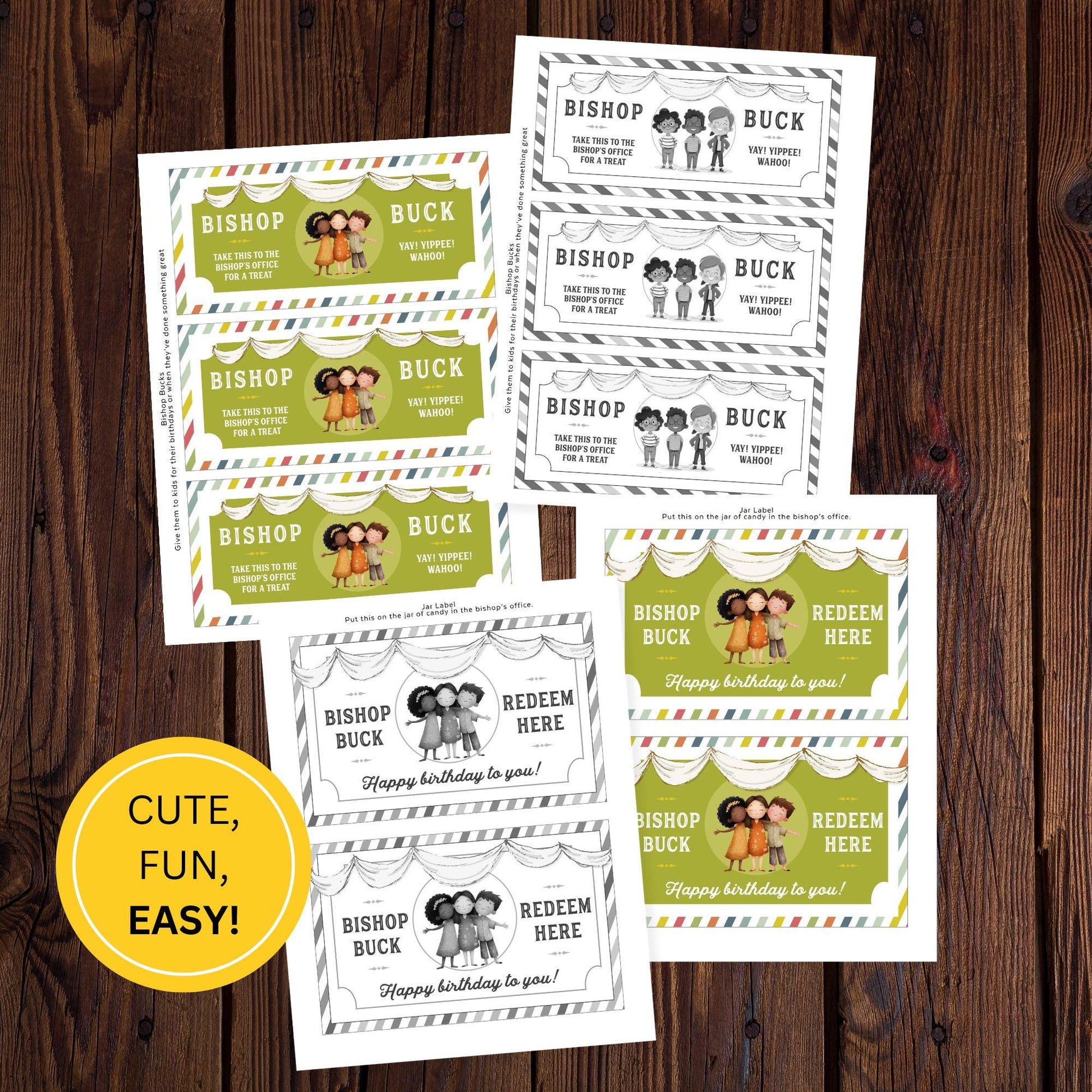 Cute Bishop Bucks printable coupons for LDS church birthdays, easy Primary reward system with redeemable candy tickets and jar labels