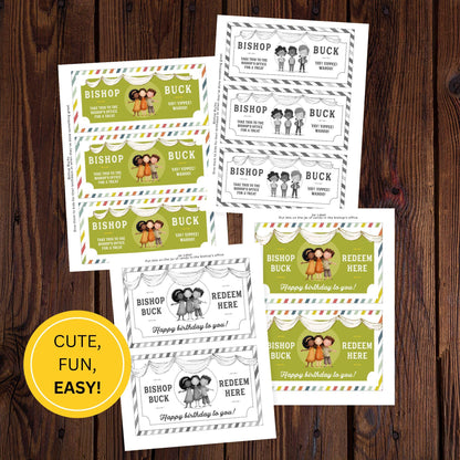 Cute Bishop Bucks printable coupons for LDS church birthdays, easy Primary reward system with redeemable candy tickets and jar labels