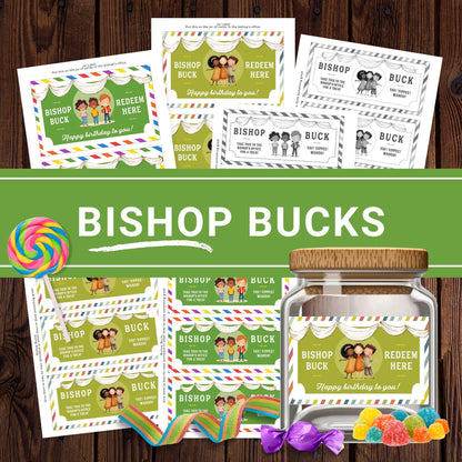 Bishop Bucks printable reward coupons for LDS Primary children, bishop office birthday treat tickets with candy jar label and color options