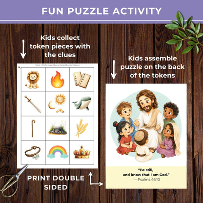 Old Testament scavenger hunt puzzle activity where kids collect Bible hero tokens and build a final Jesus scripture picture