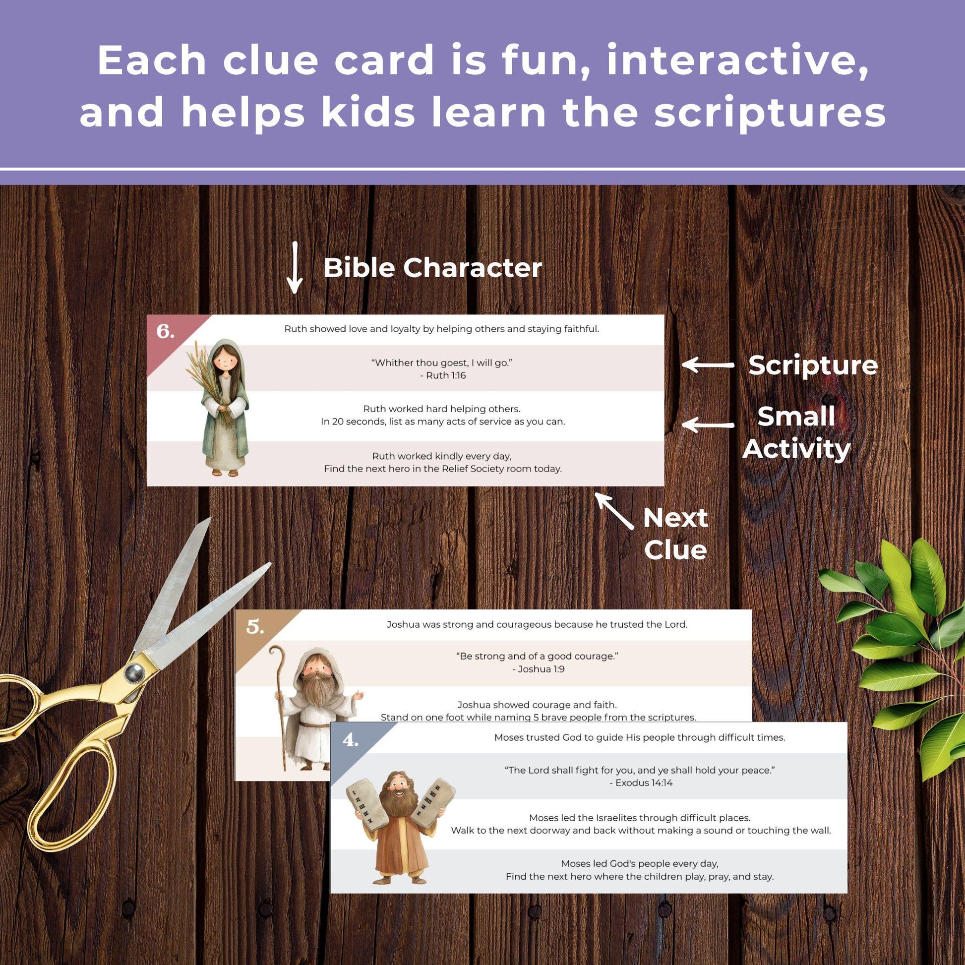 Interactive LDS scavenger hunt clue cards with Bible characters, scriptures, small activities, and next location clues for kids