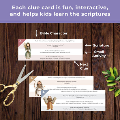 Interactive LDS scavenger hunt clue cards with Bible characters, scriptures, small activities, and next location clues for kids