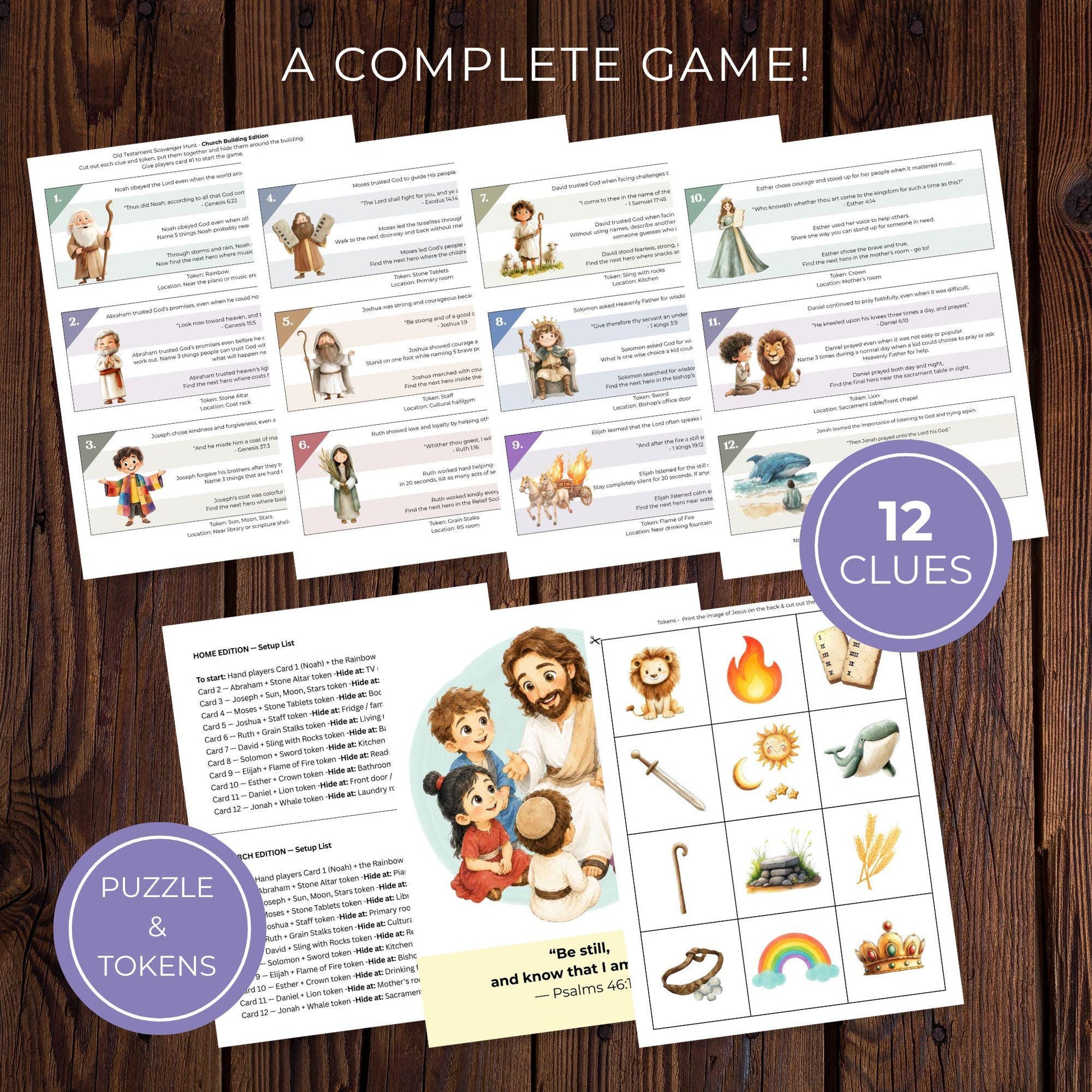 Complete Old Testament Bible heroes scavenger hunt game with 12 clues, scripture cards, tokens, and final puzzle activity