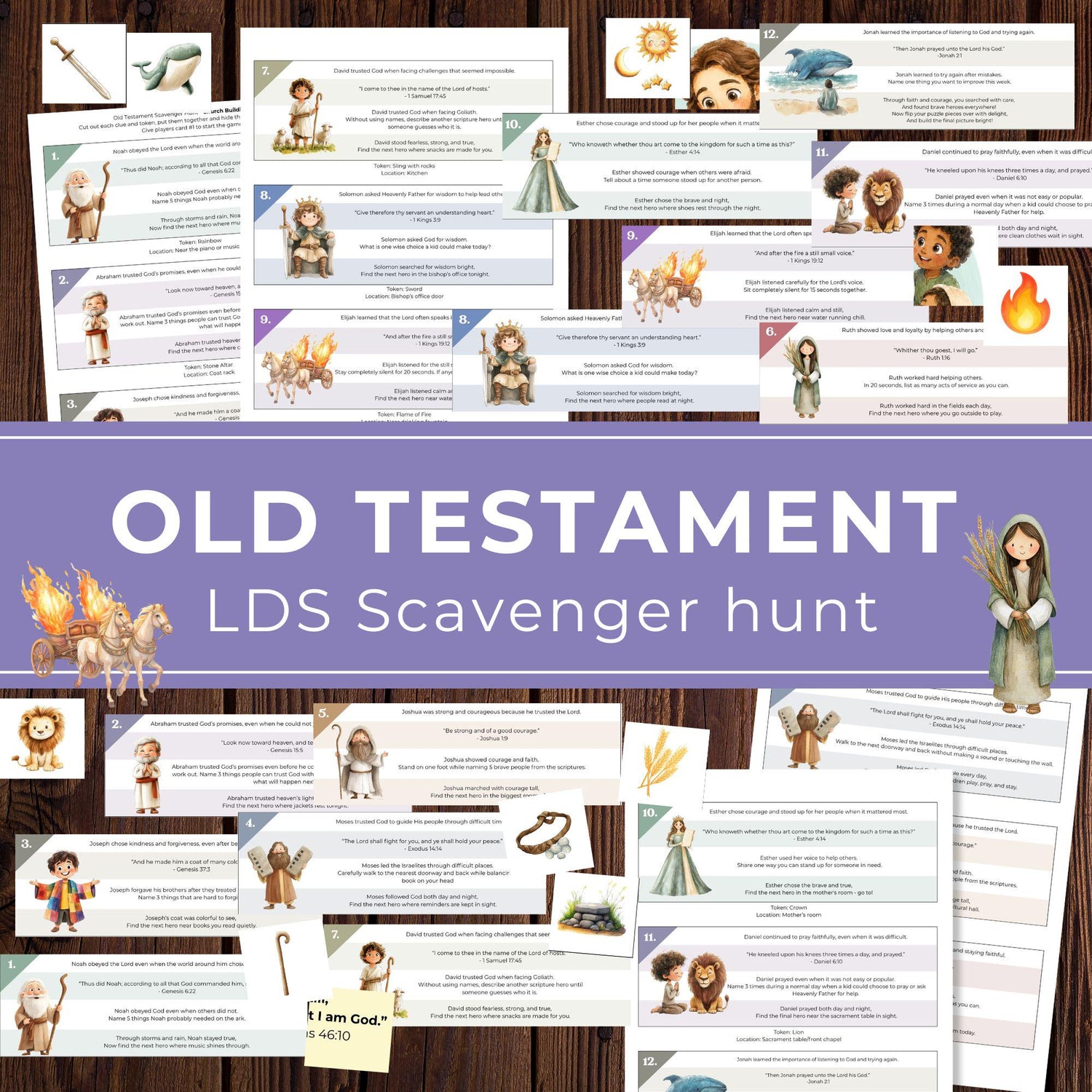 LDS Old Testament scavenger hunt printable game for kids with Bible hero clues, scripture cards, tokens, and puzzle activity
