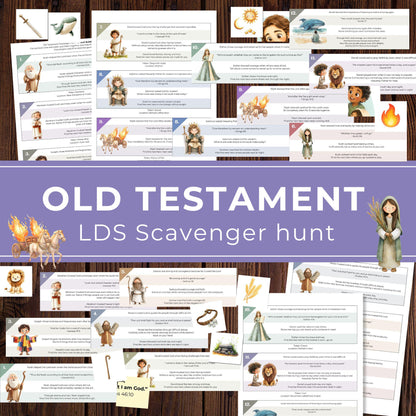 LDS Old Testament scavenger hunt printable game for kids with Bible hero clues, scripture cards, tokens, and puzzle activity