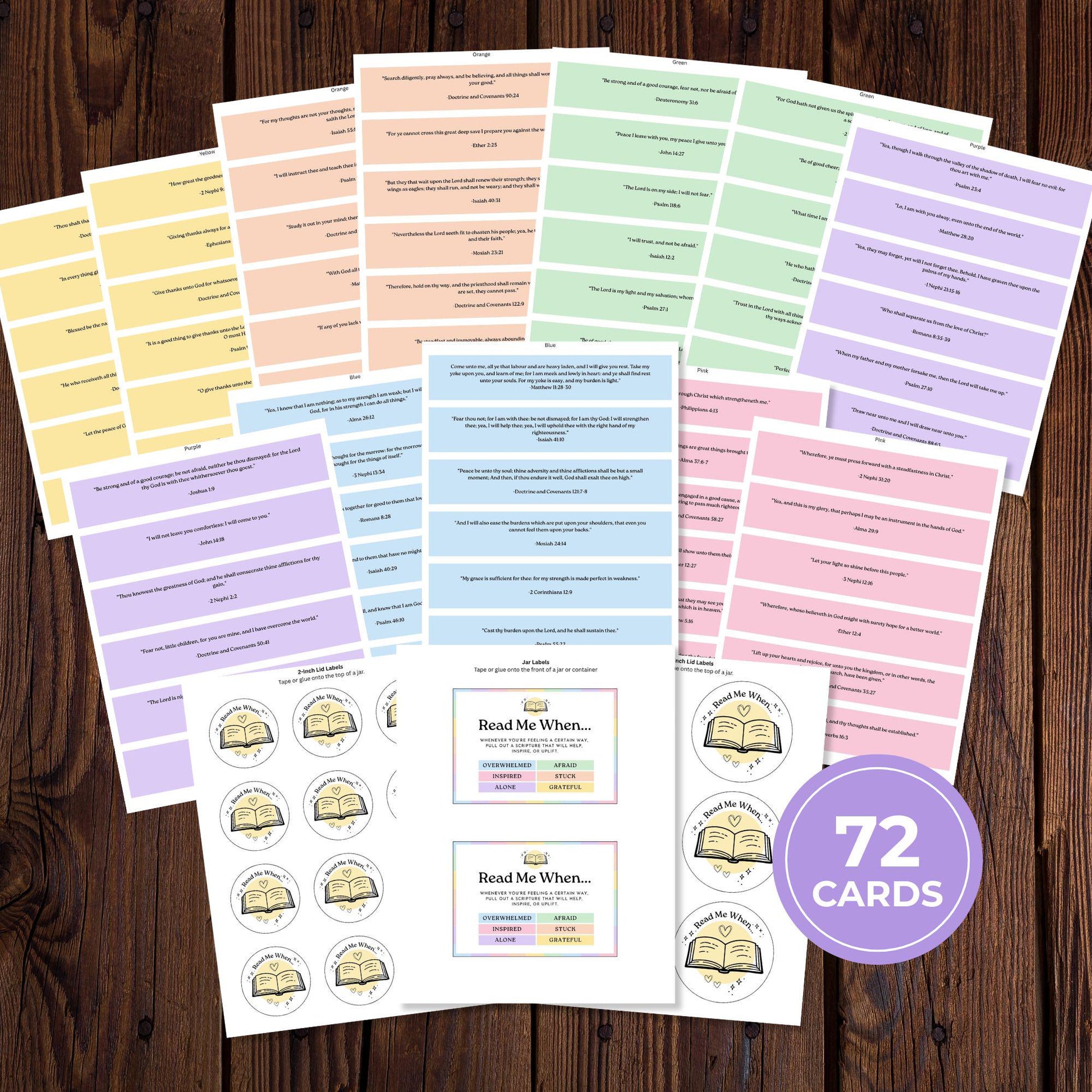 Color printable Read Me When scripture cards with jar labels and 72 LDS encouragement prompts for emotions, feelings, and faith activities
