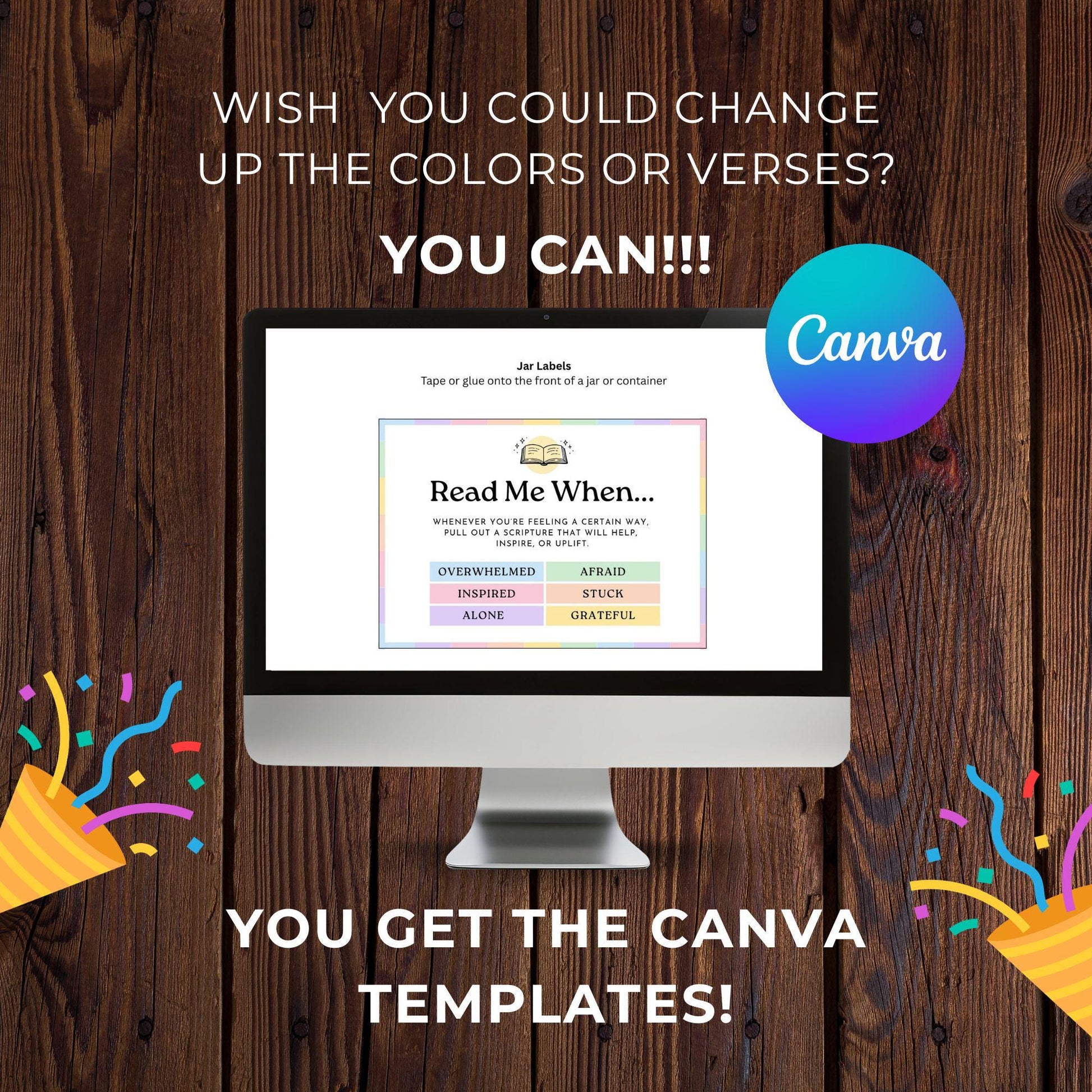 Editable Canva templates for Read Me When LDS scripture jar cards with customizable colors, verses, and printable jar label