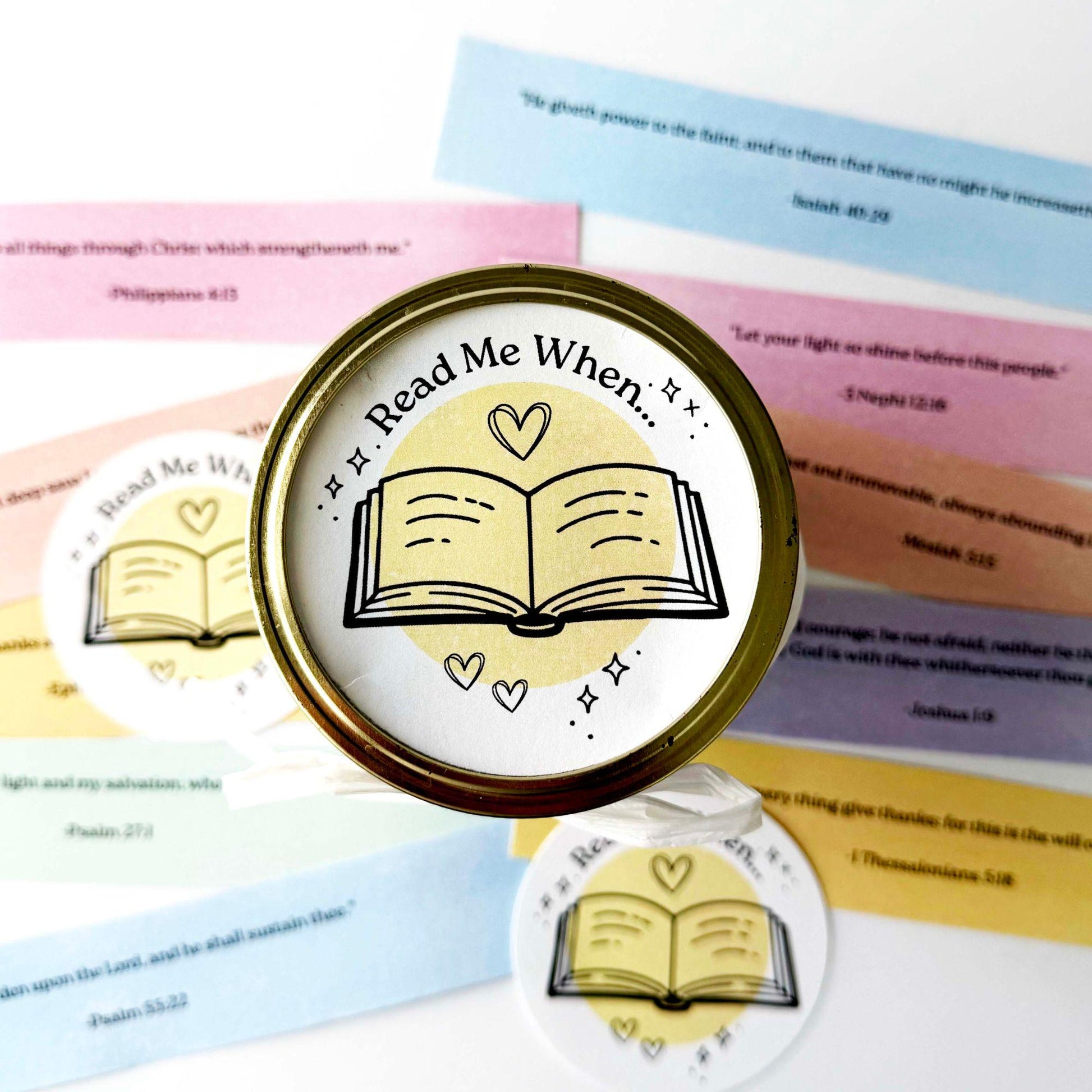 Printable Read Me When scripture jar lid labels displayed with pastel emotion cards for Christian encouragement and LDS activities