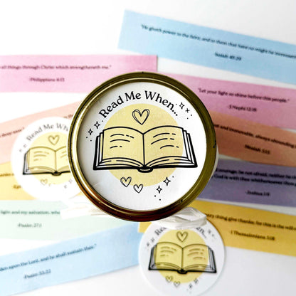 Printable Read Me When scripture jar lid labels displayed with pastel emotion cards for Christian encouragement and LDS activities