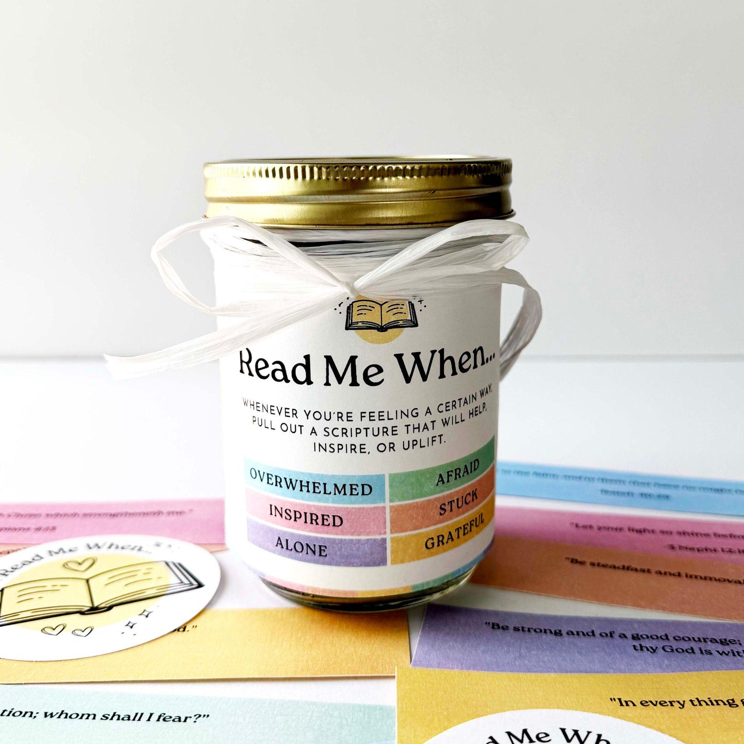 Completed Read Me When scripture jar with ribbon, printable label, and pastel Bible verse cards for feelings and encouragement