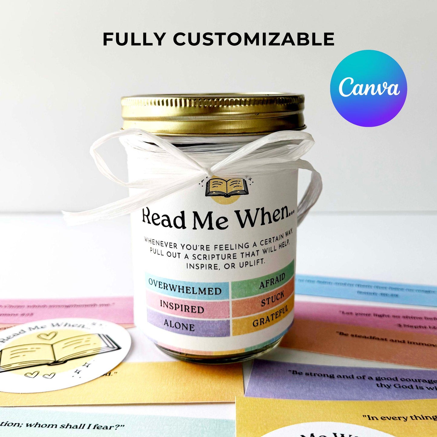 Editable Canva Read Me When scripture jar with customizable label and colorful emotion cards for LDS Primary, girls camp, and Relief Society