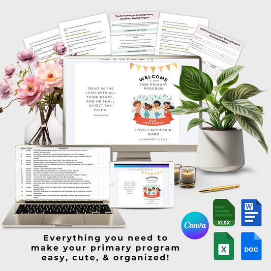 Editable LDS Primary Program bundle for 2026 with Canva files Google Docs Word documents spreadsheet speaking parts and printable program planning helps