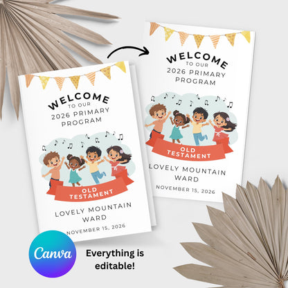 2026 LDS Primary Program Kit with editable Canva templates Old Testament Primary sacrament meeting program cover speaking parts planning worksheet and leader helps