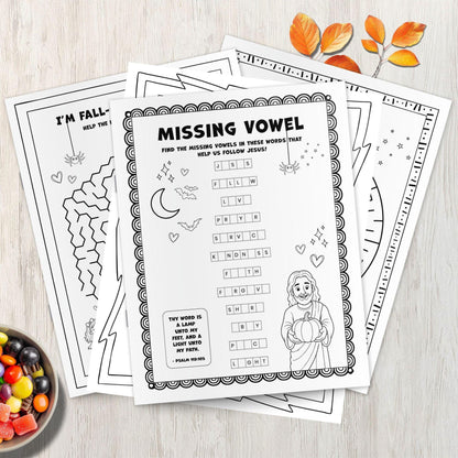 Christian homeschool fall printable for children with Bible worksheets coloring pages pumpkin activities and Jesus themed games