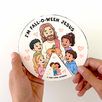 Sunday School activity wheel with Jesus and children for fall Bible craft Christian Halloween alternative and kids church lesson