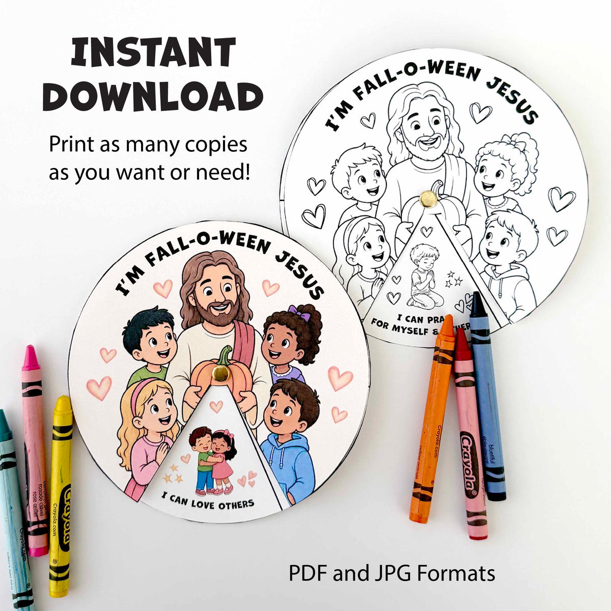 Fall Bible lesson printable for kids with Jesus pumpkin spinner craft prayer sharing kindness service and following Jesus prompts