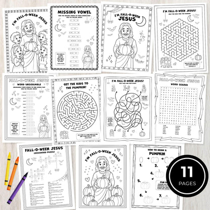 Sunday School Halloween alternative with Christian fall activity pages Jesus pumpkin coloring sheets and Bible games for kids