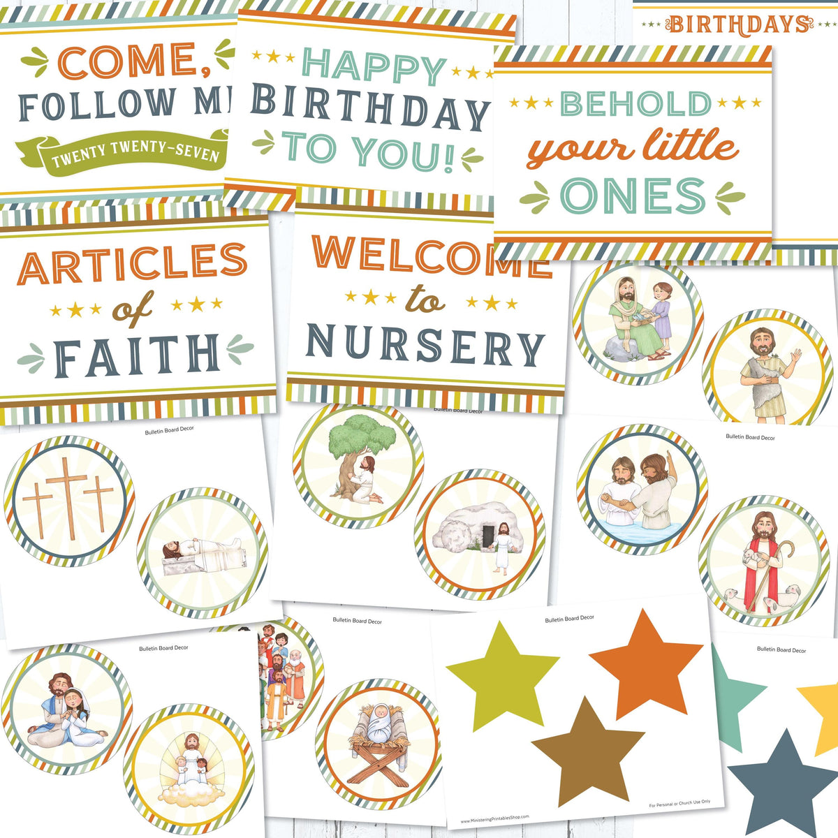 2027 LDS Primary bulletin board decorations with Come Follow Me birthday posters welcome signs Articles of Faith labels and New Testament decor