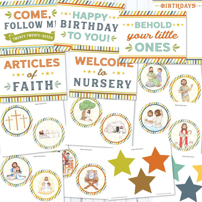 2027 LDS Primary bulletin board decorations with Come Follow Me birthday posters welcome signs Articles of Faith labels and New Testament decor